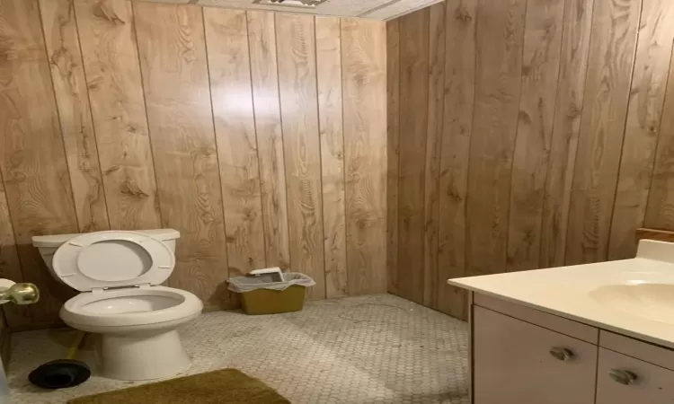 Bathroom featuring wooden walls, vanity, and toilet