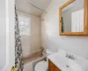 Full bathroom with shower / bath combination with curtain, toilet, and vanity