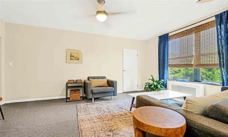 Living room with radiator, light colored carpet, and ceiling fan