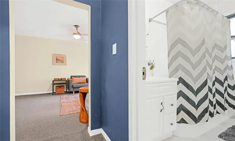 Bathroom with curtained shower