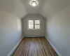 Additional living space with light hardwood / wood-style floors, vaulted ceiling, and a baseboard radiator