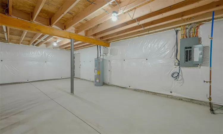 Basement featuring electric water heater and electric panel