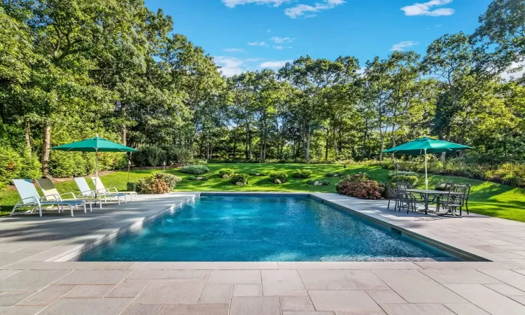 View of pool with a yard and a patio