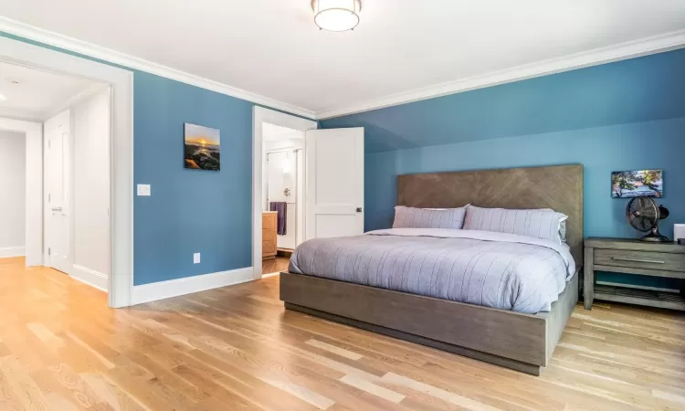 Bedroom with ensuite bathroom, light hardwood / wood-style floors, and ornamental molding