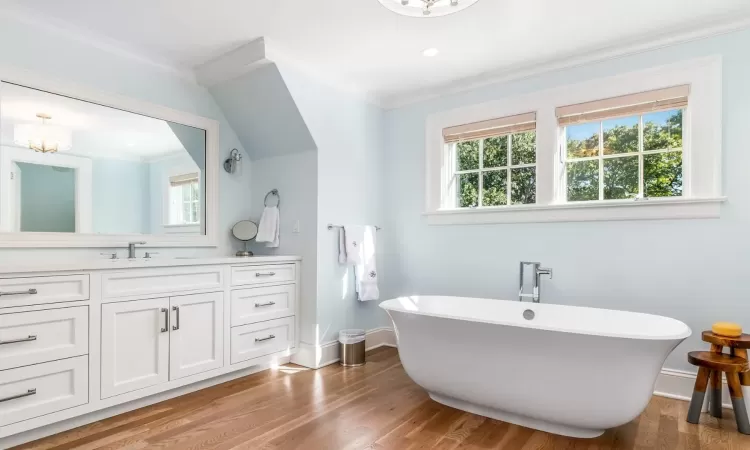 Bathroom with a washtub, wood-type flooring, vanity, and crown molding