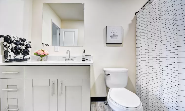 Bathroom featuring hardwood / wood-style floors, vanity, toilet, and walk in shower