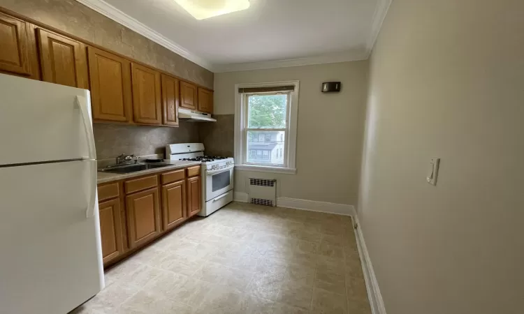 Kitchen with white appliances, radiator, crown molding, and sink