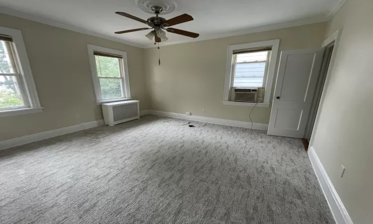 Empty room featuring a wealth of natural light, radiator heating unit, and ornamental molding