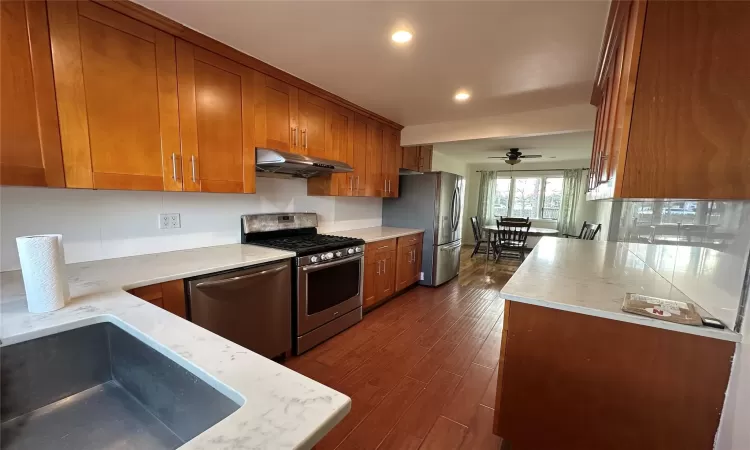 Kitchen with light stone countertops, dark hardwood / wood-style flooring, stainless steel appliances, ceiling fan, and sink