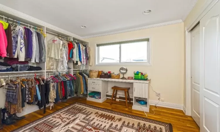 Walk in closet with wood-type flooring