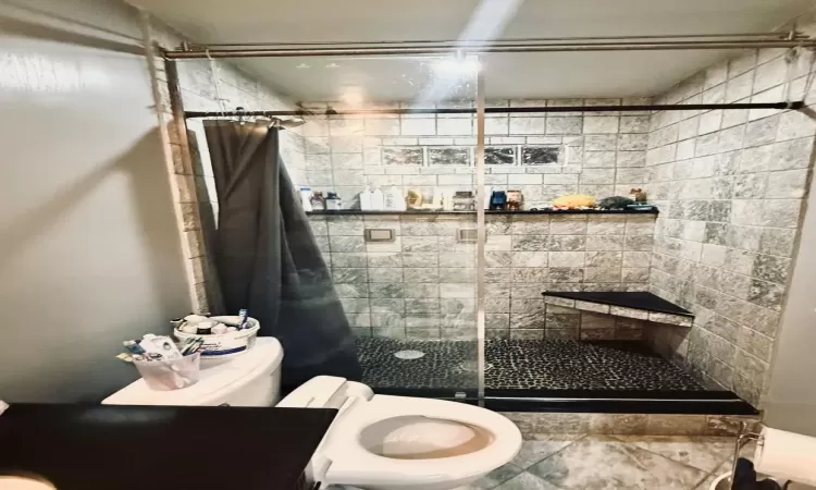 Bathroom featuring a shower with shower curtain and toilet