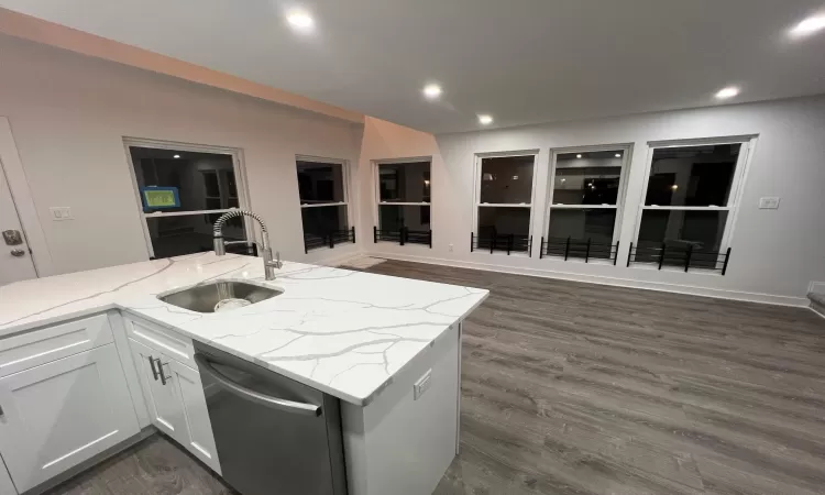 Kitchen with white cabinetry, light stone countertops, dishwasher, dark wood-type flooring, and sink