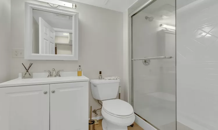 Bathroom with vanity, toilet, and a shower with door