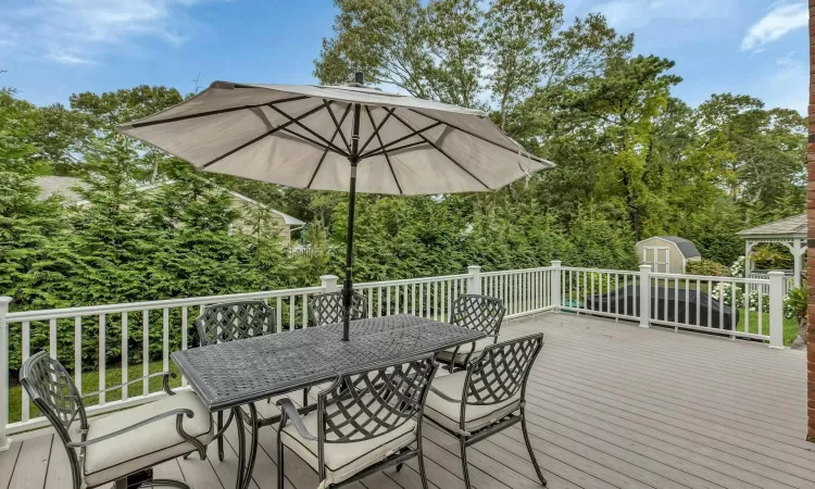 Wooden deck featuring a shed