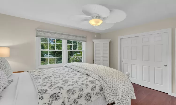 Bedroom featuring ceiling fan and dark wood-type flooring