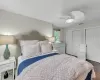 Bedroom featuring dark hardwood / wood-style floors and ceiling fan