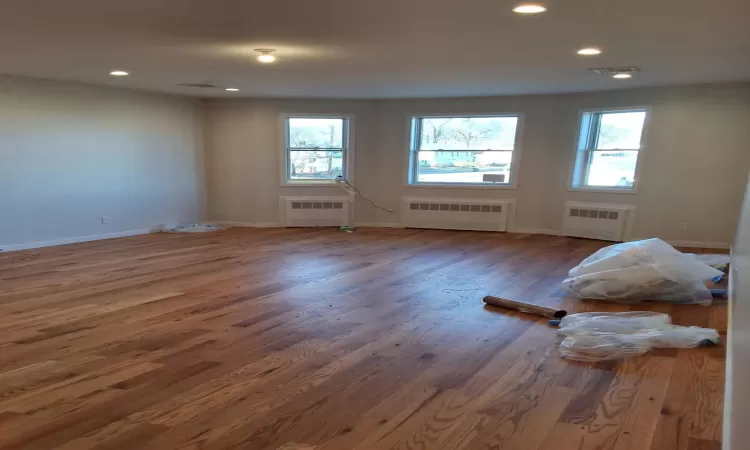 Unfurnished room featuring dark hardwood / wood-style flooring, radiator heating unit, and a wealth of natural light