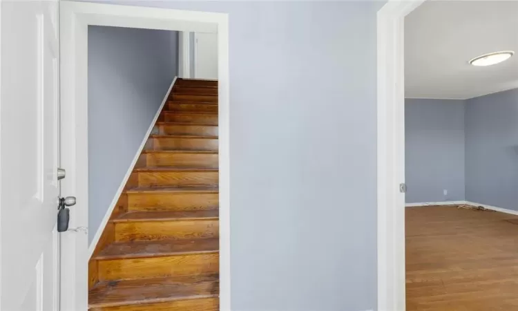 Stairway featuring hardwood / wood-style floors