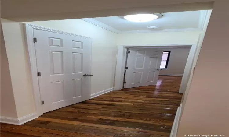 Corridor featuring dark hardwood / wood-style flooring and crown molding