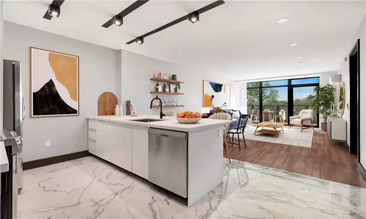 Kitchen with sink, white cabinetry, dishwasher, floor to ceiling windows, and light hardwood / wood-style floors