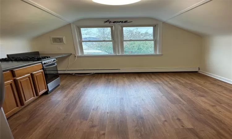 Additional living space featuring dark hardwood / wood-style flooring, lofted ceiling, and a baseboard heating unit