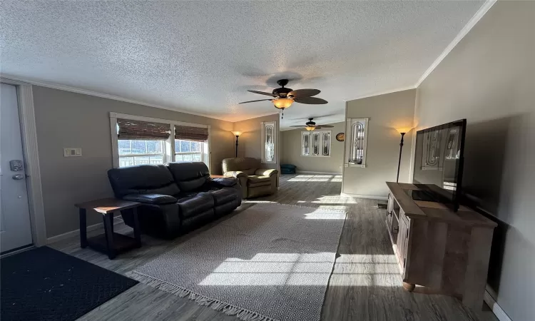 Living room featuring ceiling fan, wood-type flooring, a textured ceiling, and ornamental molding