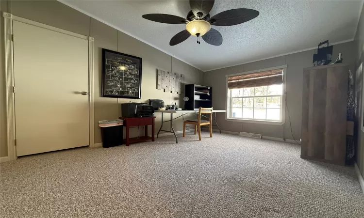 Home office featuring carpet, a textured ceiling, ceiling fan, and ornamental molding