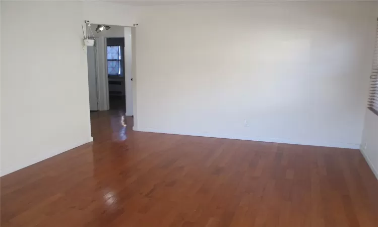 Spare room featuring crown molding, radiator heating unit, and dark wood-type flooring