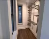 Spacious closet with dark hardwood / wood-style floors