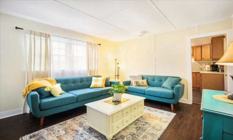 Living room with dark hardwood / wood-style flooring