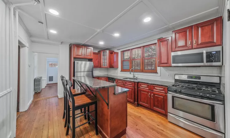 Kitchen with radiator heating unit, a center island, stainless steel appliances, sink, and a kitchen breakfast bar