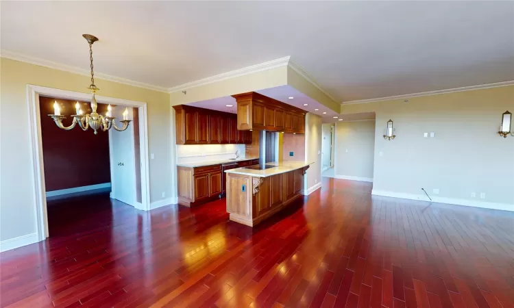 View of Open Concept Living with, View of Kitchen, Wall of Windows, Entry to Balcony, Room Featuring Crown Molding and Dark Hardwood   Flooring