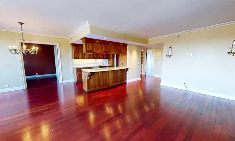 View of Open Concept Living with, View of Kitchen, Overlooking Livingroom, Dining Area, Wall of Windows and Entry to Balcony, Room Featuring Crown Molding and Dark Hardwood   Flooring