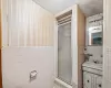 Bathroom featuring vanity, tile walls, and walk in shower