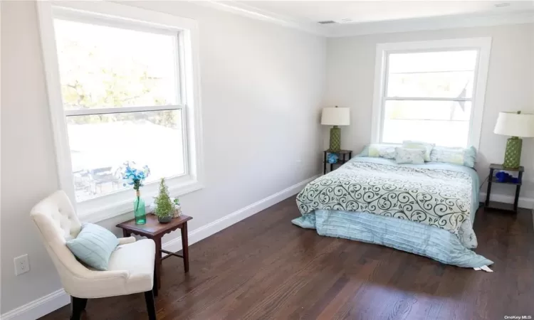 Bedroom with dark hardwood / wood-style floors and crown molding