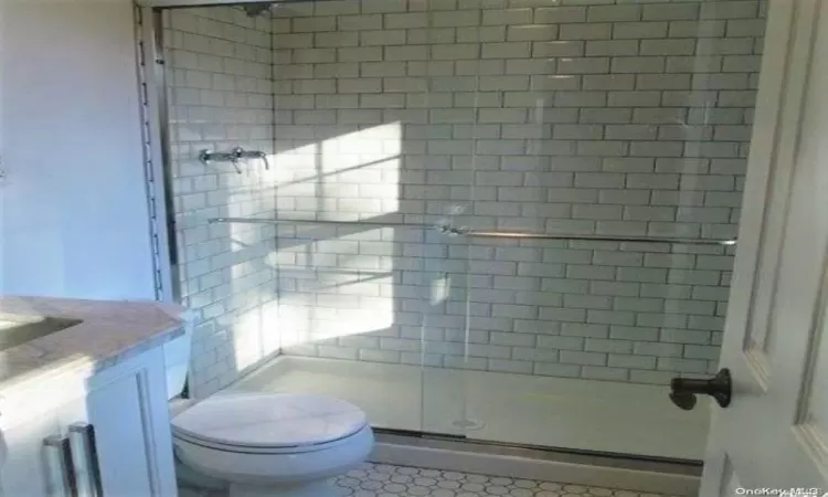 Bathroom with vanity, toilet, and a shower with shower door