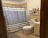 Bathroom featuring a shower with curtain, vanity, tile walls, and toilet