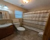 Bathroom with a shower with curtain, vanity, tile walls, and toilet