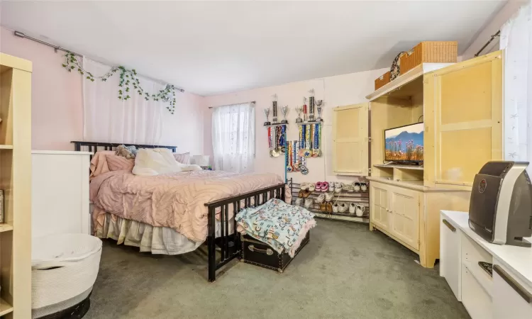 Bedroom with dark colored carpet