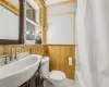 Bathroom featuring vanity, toilet, and wood walls