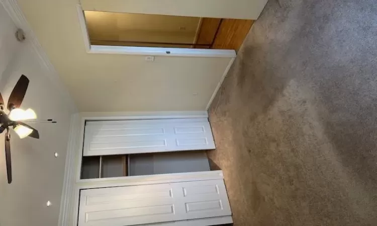 Unfurnished bedroom featuring ceiling fan, carpet floors, two closets, and ornamental molding