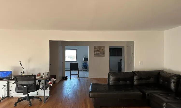 Living room featuring dark wood-type flooring and a baseboard radiator