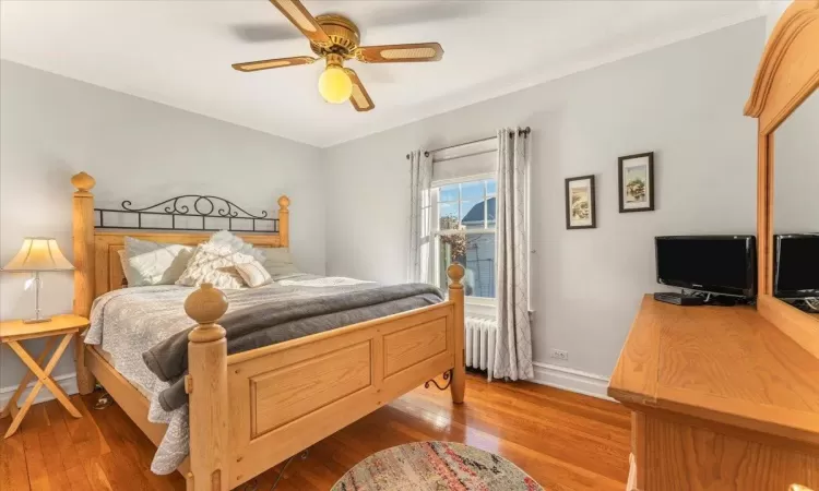 Bedroom featuring radiator, light hardwood / wood-style floors, ceiling fan, and crown molding