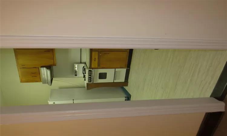 Kitchen featuring white gas range oven, extractor fan, and fridge