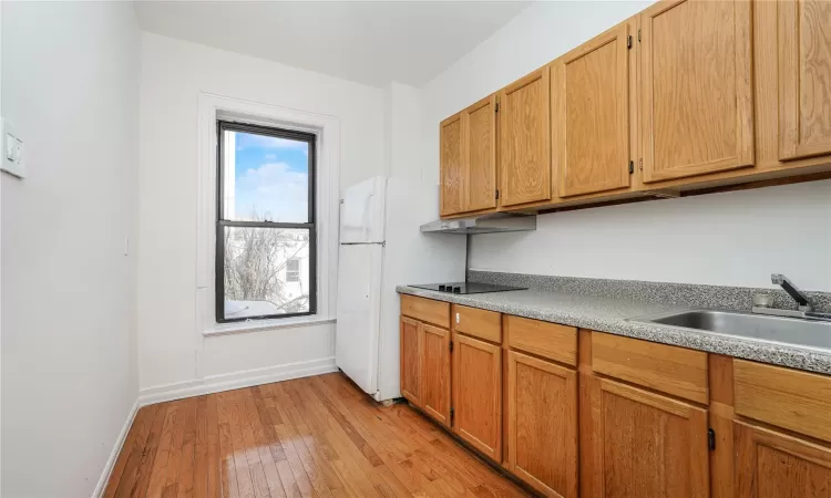 Kitchen featuring black electric stovetop, sink, white refrigerator, and light hardwood / wood-style flooring