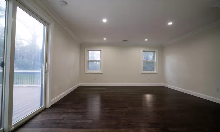 living room with dark hardwood / wood-style floors, a wealth of natural light, and ornamental molding