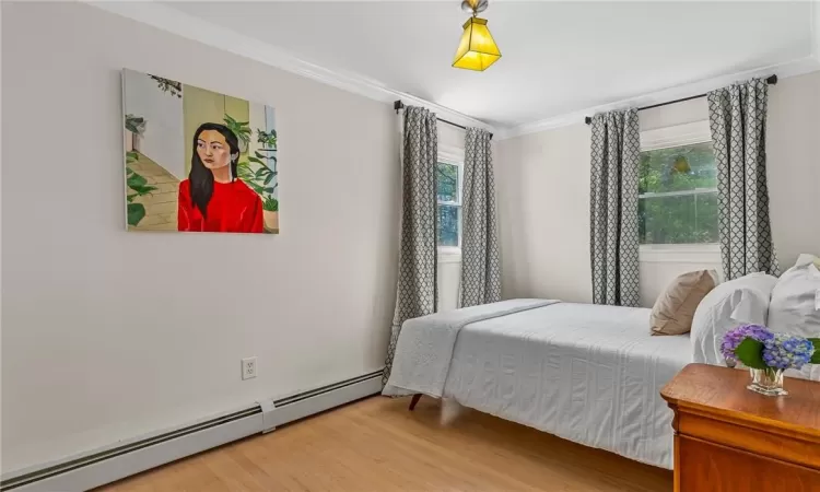 Bedroom featuring a baseboard radiator, ornamental molding, wood-type flooring, and multiple windows