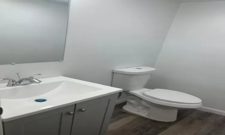 Bathroom with hardwood / wood-style floors, vanity, and toilet