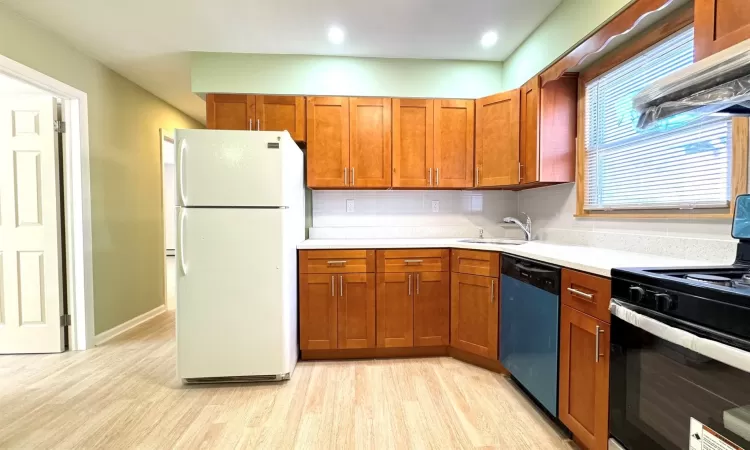 Kitchen with stainless steel dishwasher, exhaust hood, sink, white refrigerator, and black range