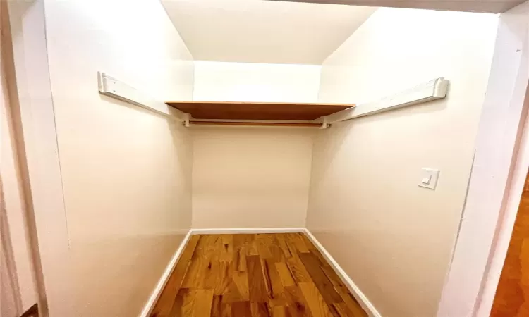 Walk in closet with wood-type flooring